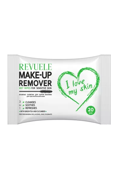 REVUELE WET WIPES MAKE-UP REMOVER I LOVE MY SKIN FOR SENSITIVE SKIN WITH GREEN TEA & CUCUMBER