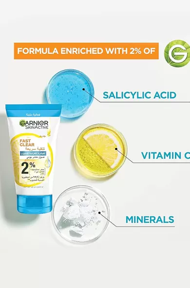 Garnier fast clear 2% salicylic acid & vitamin C 3in1 anti-acne exfoliating wash